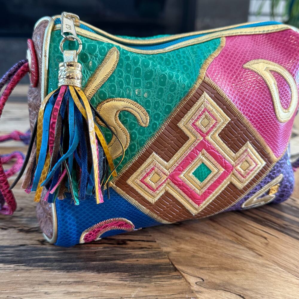 VTG 80s NAS Bag Alention Ld Patchwork Crossbody Exotic Reptile Tassel Maximalist - Picture 9 of 16